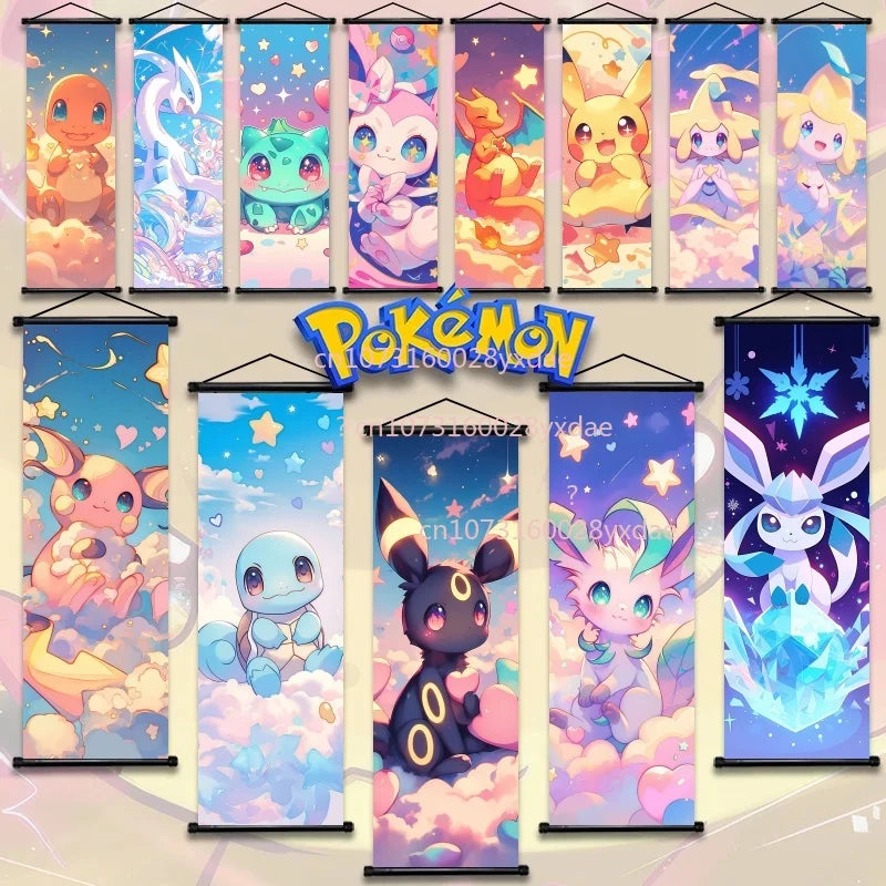 Póster clásico impreso de Pokémon, decoración de pared de dibujos animados, Gengar, Squirtle, Bulbasaur, Pikachu, decoración colgante para sala familiar